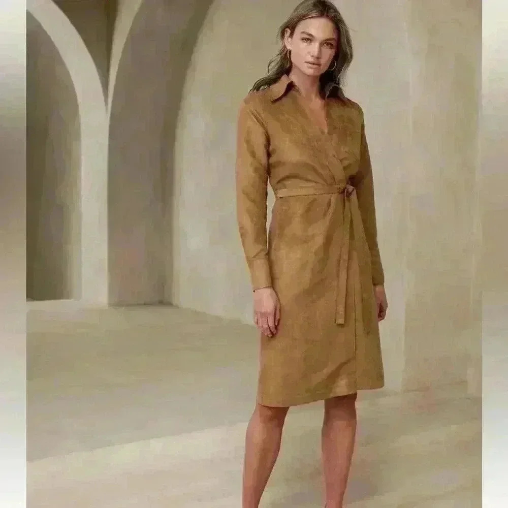 Banana Republic Long Sleeve Wrap Shirt Dress in Camel Brown